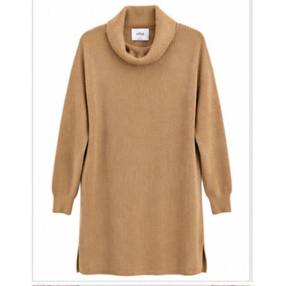 Wilfred Aritzia Merino Wool Cotton Sweater Dress M Camel Cowl Neck Ribbed